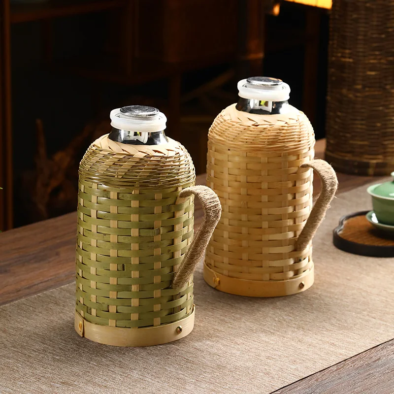 Handwoven Bamboo Thermos with Wooden Stopper Glass Liner Hot Water Bottle for Home Tea Room Office Heat Preservation Flask view 2