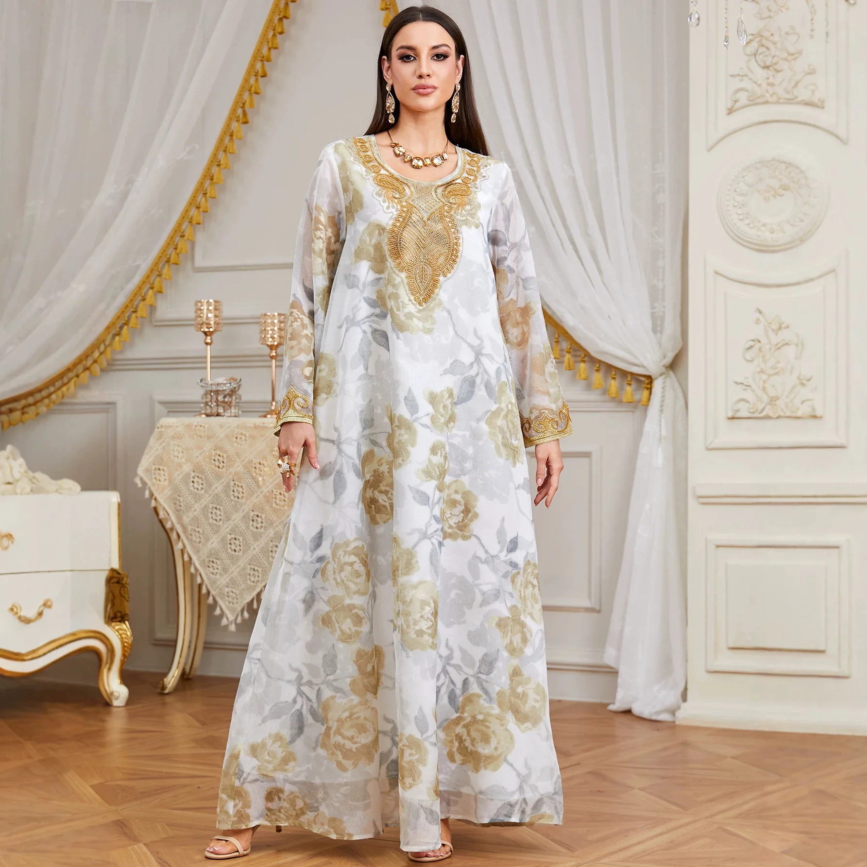 White Printed Patchwork Ethnic Casual Elegant Trendy Floor Length Abaya Dresses Turkey Muslim 2026 New Fashion Female Jalabiya