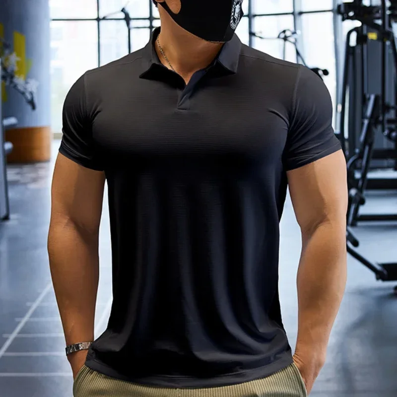 Men Short Sleeve Running T-shirt Outdoor Fitness Muscle Fit Shirt for Male Gym Jogging Sports Tops Tennis Elastic Breathable Tee