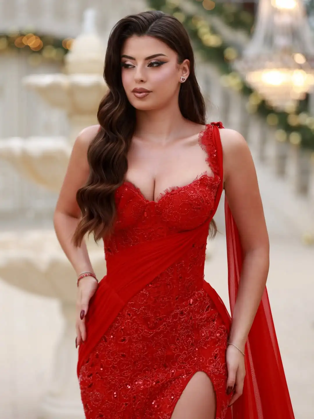 

Ofherown Red Lace Sequin Cape-Sleeve Evening Gown Women High-Slit Bodycon Formal Prom Dress with Train for 2026 Gala Party