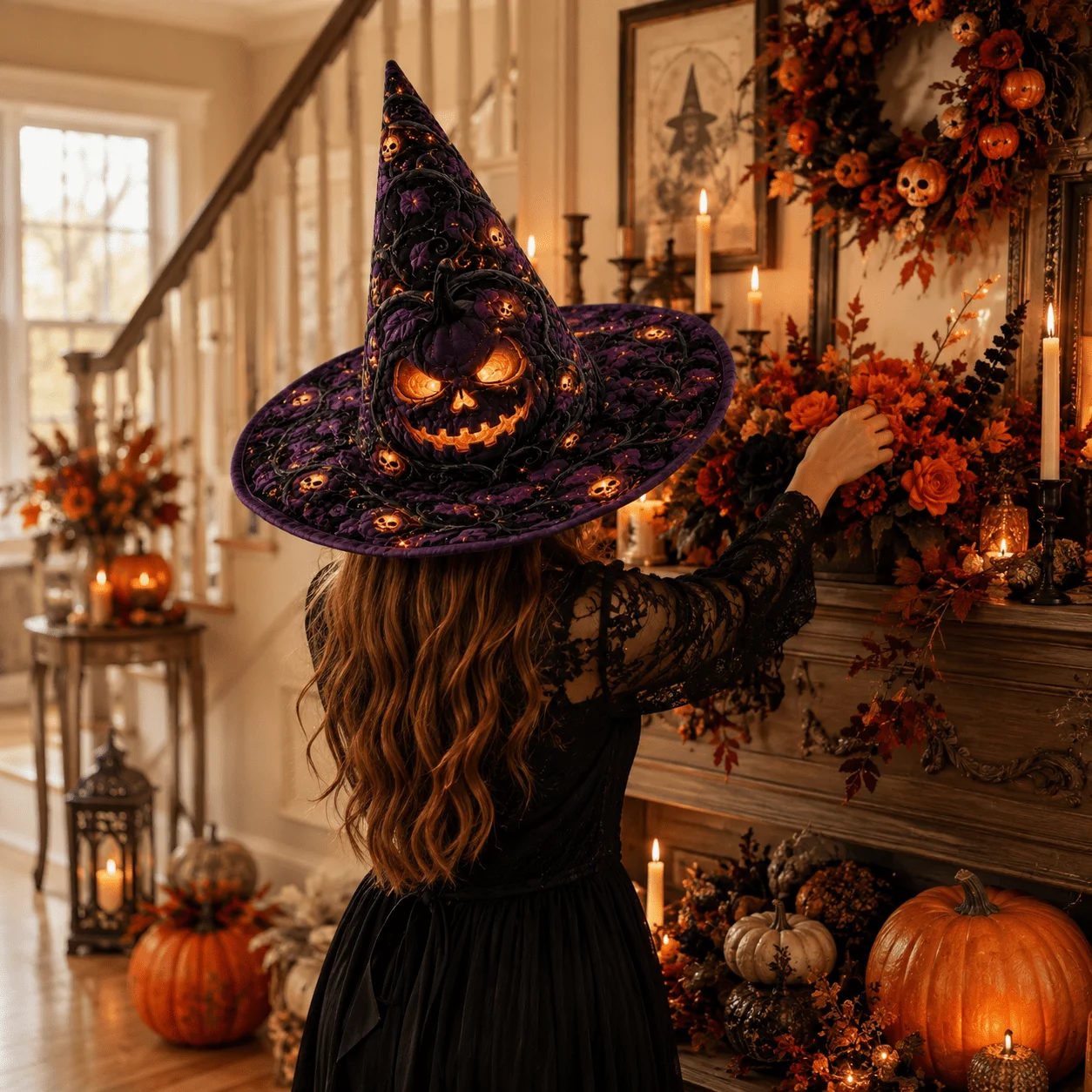 Customization Halloween Quilted Witch Hat For Women, Mini Skull Lantern, Thorny Vine And Glowing Ember Pattern, Distinctive
