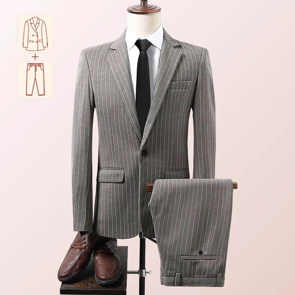 

Blazer&Pants Set,Men's Slim Fit Casual Striped Men's Suit ,traje Caballero Hombre Vestir , Costume Mariage Homme