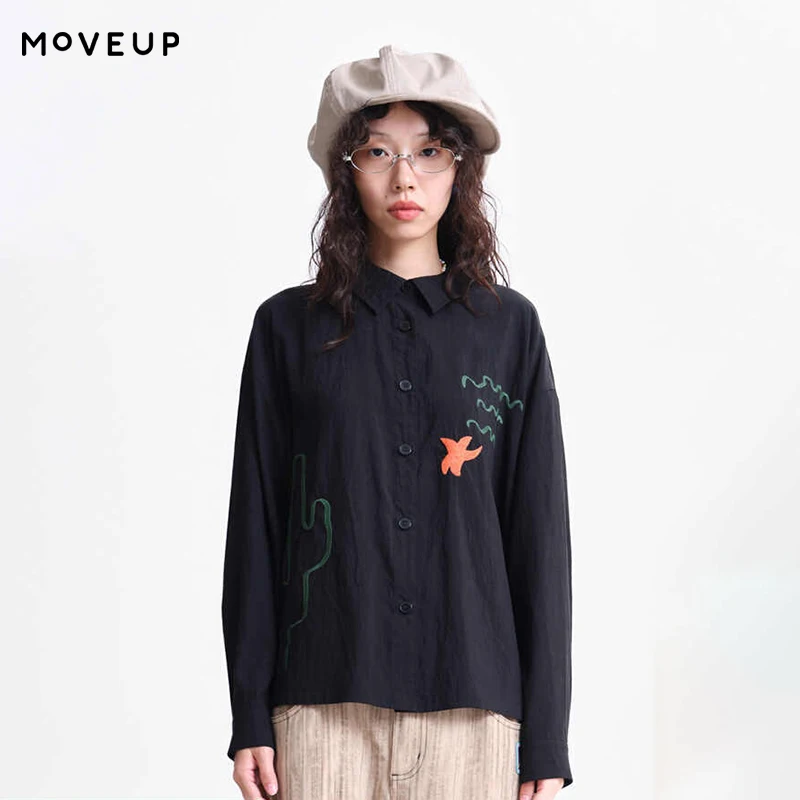 

MOVEUP Long Sleeved Shirt 2026 Spring New Cartoon Embroidered Contrast Color Plaid Drawstring Hemp Casual Top Women 3ELC20408