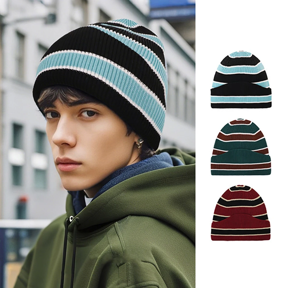 Winter knitted hats for students, striped pullover hats, warm outdoor travel caps, holiday gifts for children