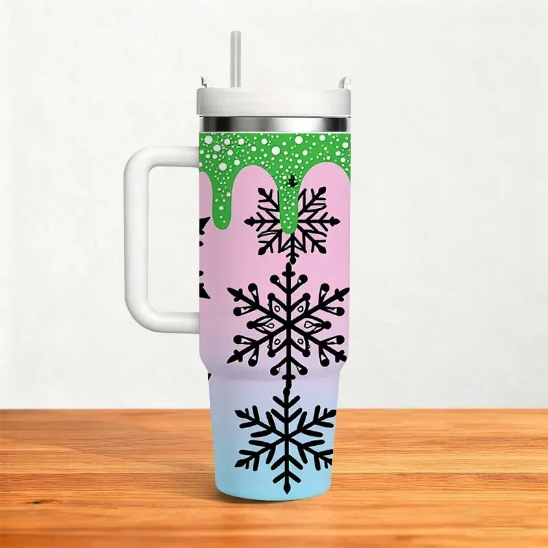 Whimsical Winter Snowflake Digital Print 40oz Stainless Steel Insulated Tumbler, Gradient Pink to Light Blue Design with Festive Drip Details, Reusable Heat & Cold Retention Cup for Daily Sips, Commutes & Outdoor Use