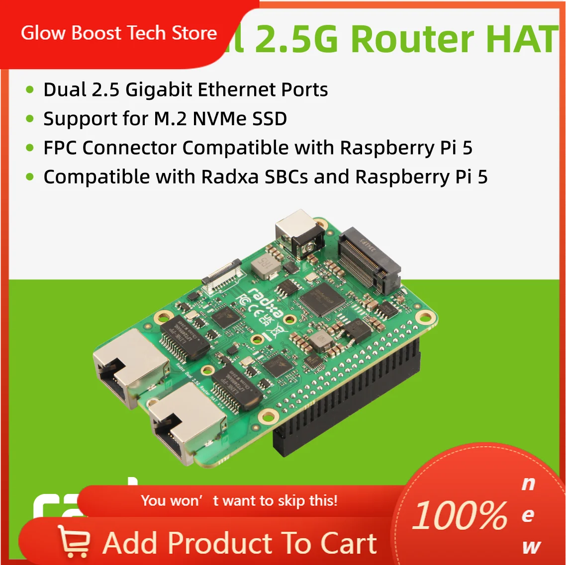 NYRadxa Dual 2.5G Router HAT, Doppia Ethernet 2.5G, SSD NVMe, PCIe FPC, Progettato per Radxa SBC e Raspberry Pi 5