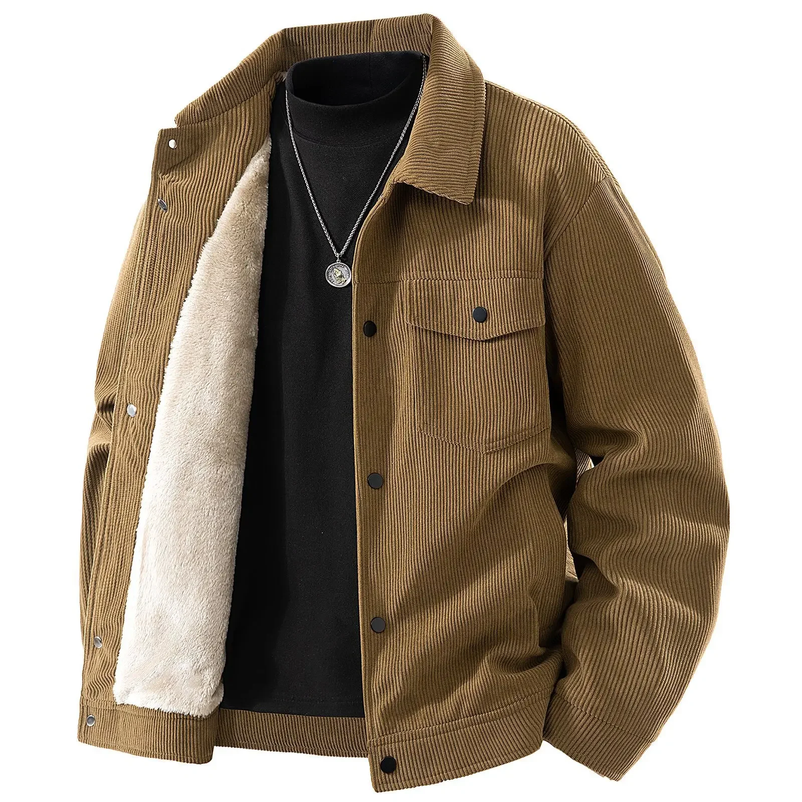 

Autumn Winter Man Jacket Vitage Thicken Fleece Striped Turn Down Collar Male Coat Single-breasted Long Sleeve Men Outerwear