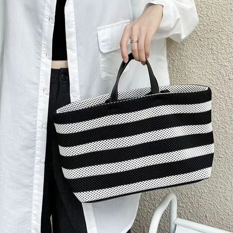 2024 Summer New Women Bag Plaitted Beach Totes Lady Black White Stripe Handbag Female Denim Striped Woven Shopping Shoulder Bag