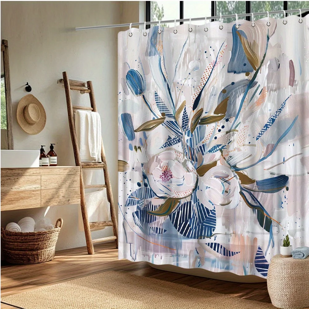 1pc Modern Abstract Floral Shower Curtain - Polyester Fabric with Earthy Tones, Fade-Resistant & Machine Washable