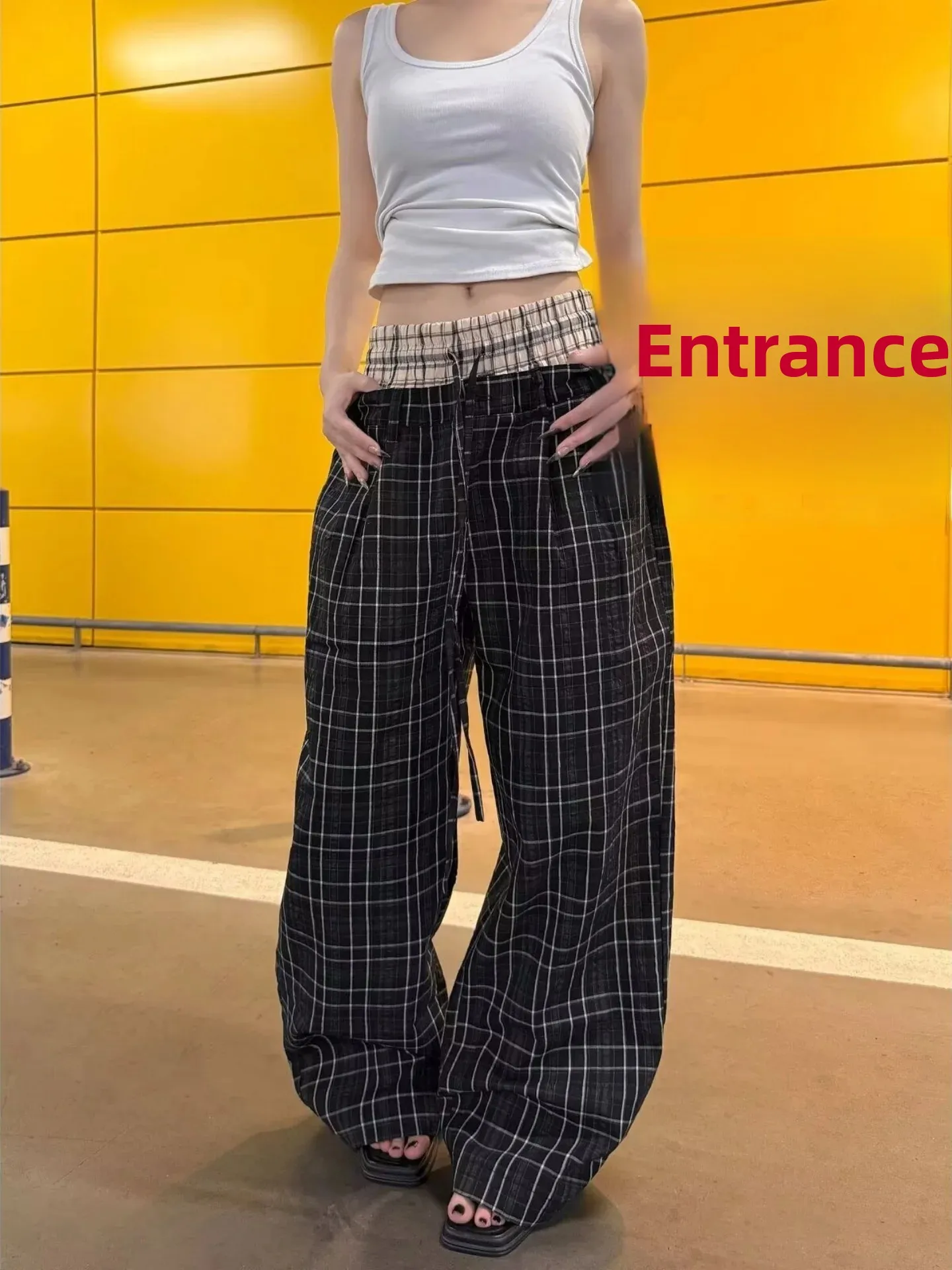 American Retro Contrast Color Double Waist Plaid Wide Leg Pants Loose Drapey Casual Trousers for Men And Women