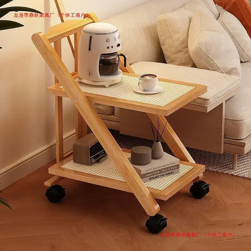 

Sofa Side Table Movable Solid Wood Trolley Living Room Folding Coffee Table Bedside Corner Table Storage Rack Side Cabinet