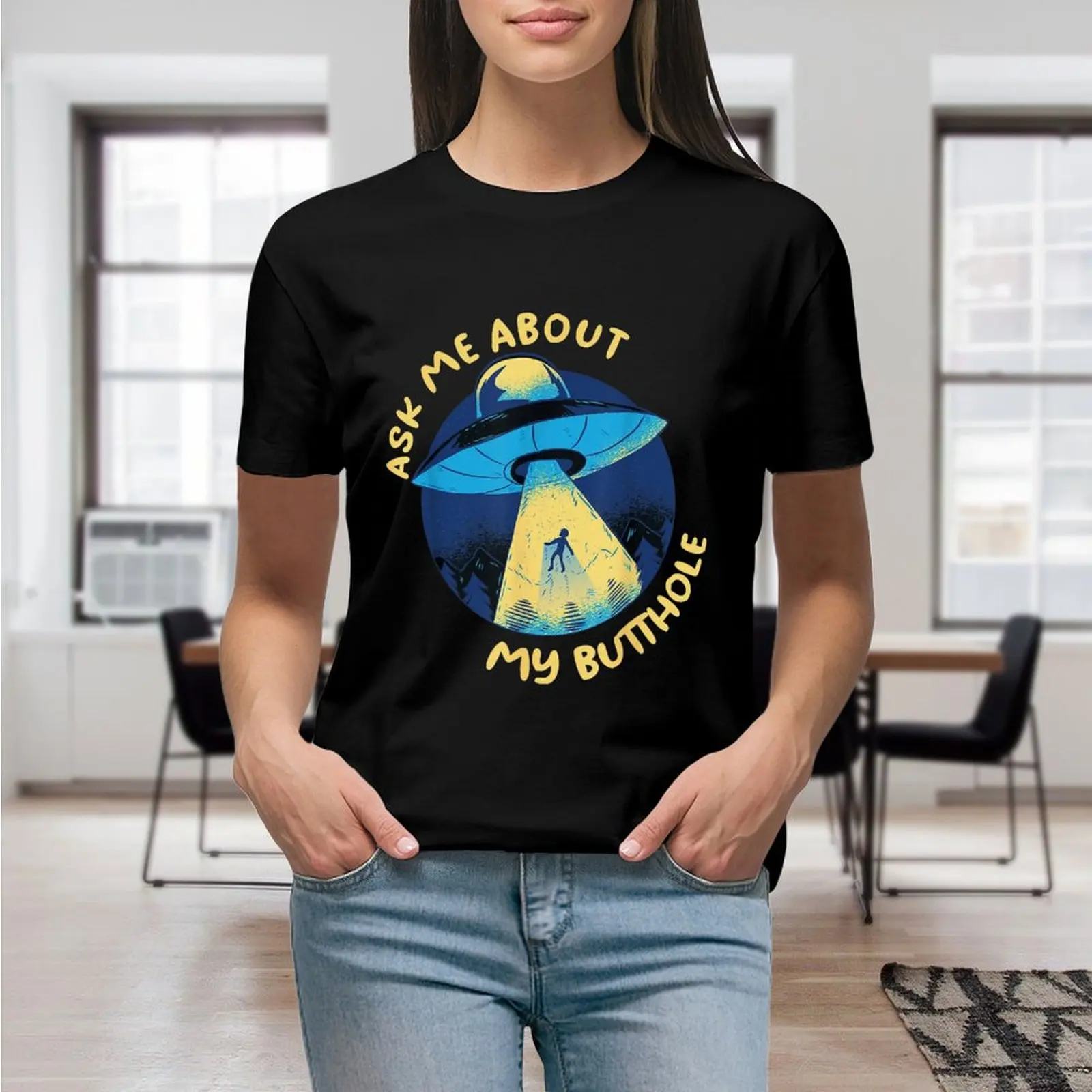 Ask Me About My Butthole UFO Alien Spaceship Abduction T Shirt Graphic Shirt Casual Shorts Sleeved Female Tee T-Shirt Size S-4XL