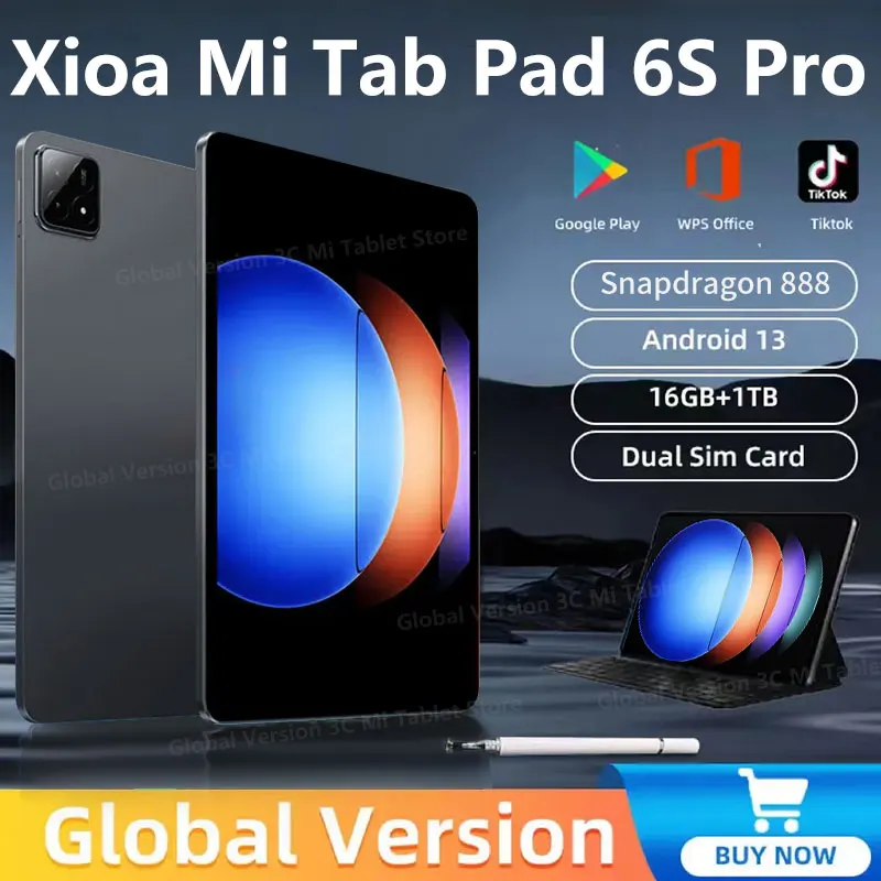 2024 Original Global Version Xiao Tablet PC Pad 6S Pro Snapdragon 888 Android 13 10000mAh 16GB+1TB 5G Dual SIM Card HD 4K Mi Tab