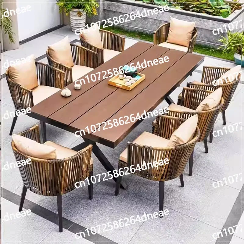

Outdoor table and chair courtyard villa garden PE woven rattan chair leisure terrace anti-corrosion plastic wood table combinati