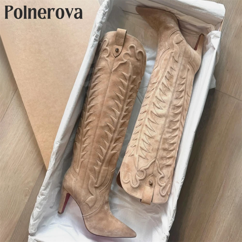 Vintage Washed Denim Western Knee Boots Embroidered Denim Pull-On Boots for Women Pointed Toe Stiletto Designer Handmade Boots