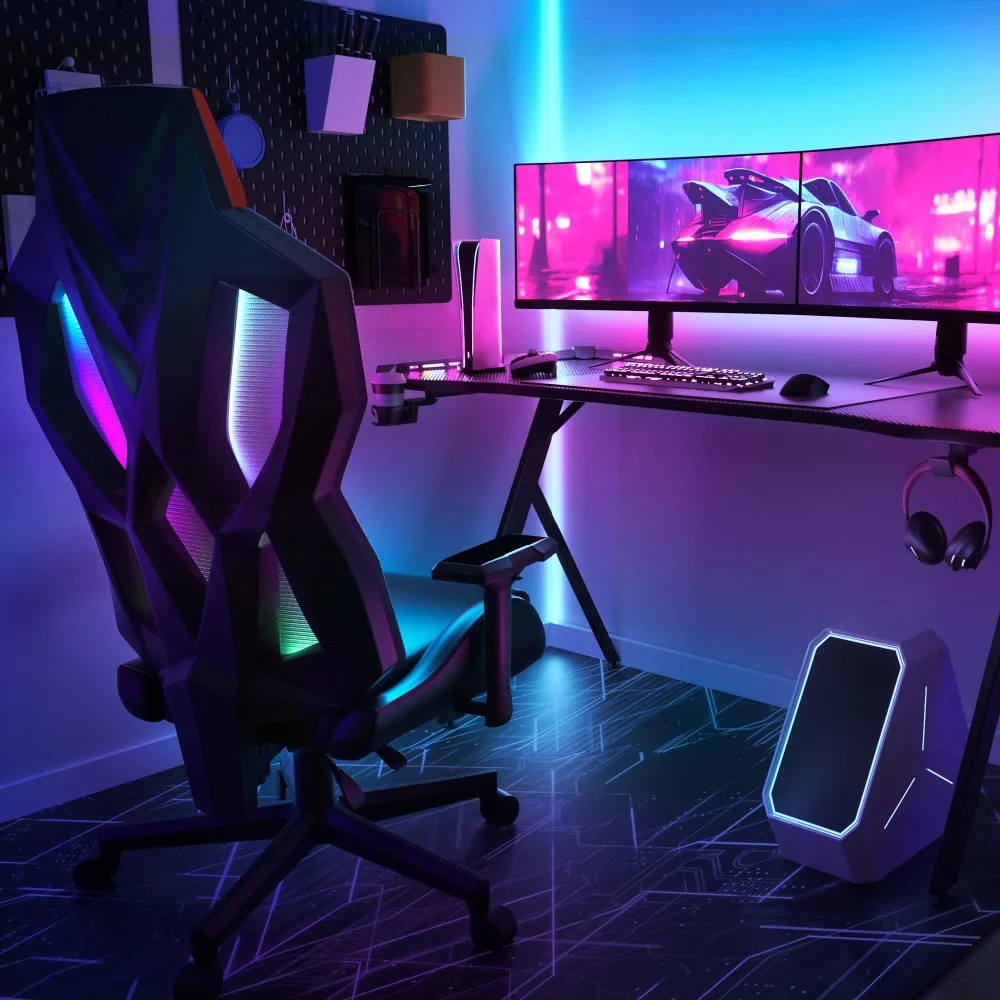 Silla de juegos RGB con luces LED, silla ergonómica de ordenador para adultos, silla reclinable, silla de videojuegos con Lumbar ajustable