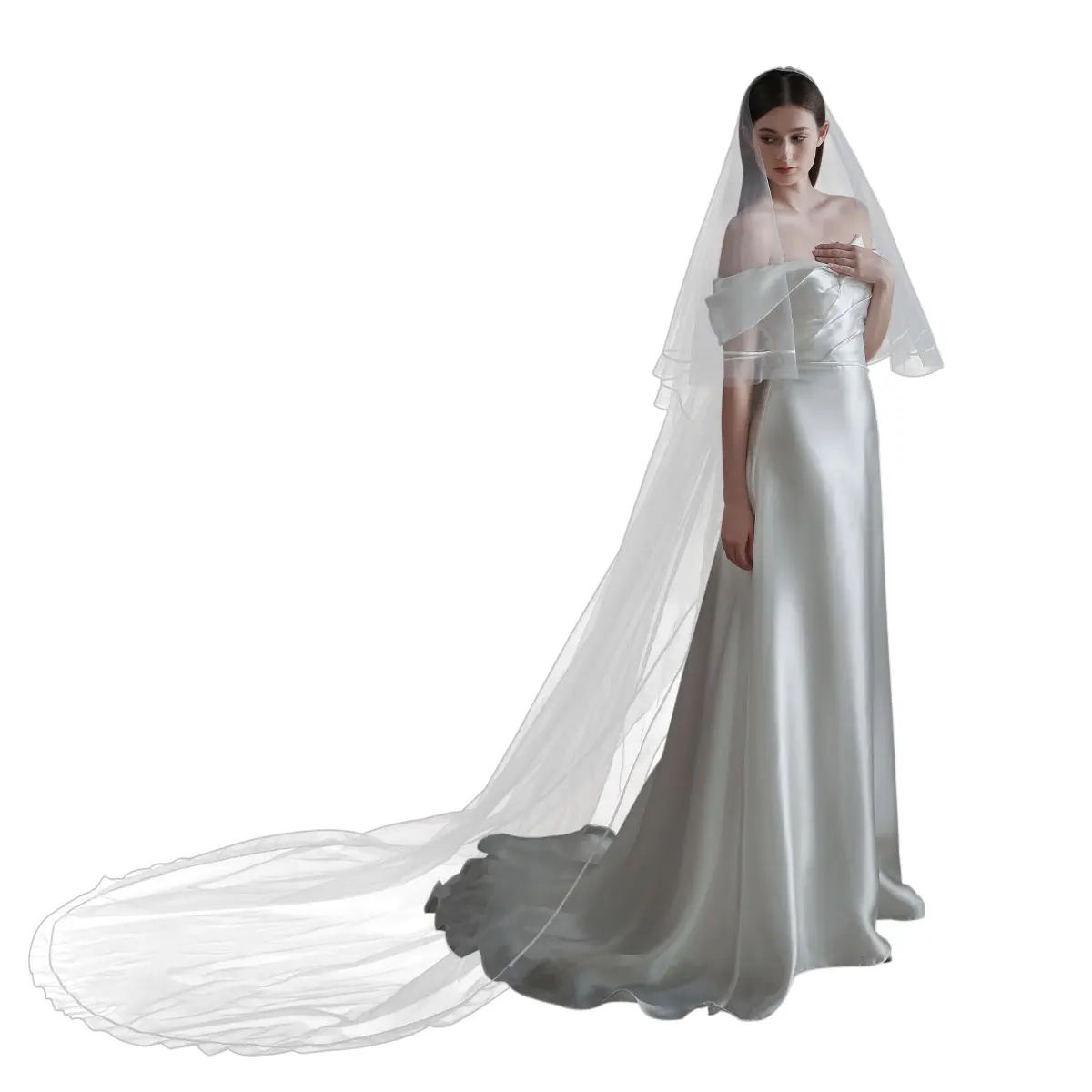 V864 Bridal Cathedral Handmade Veil for Wedding Dress Two-Layer Soft Tulle Ribbon Edge Long Brides to be Headdress Veil