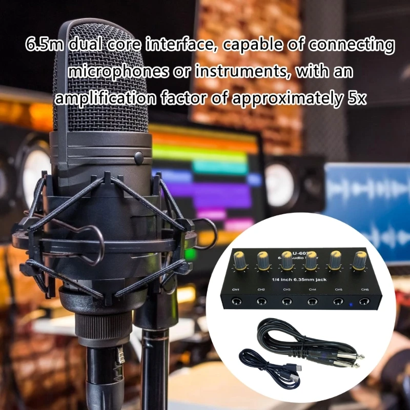 Professional Sound Mixer For Microphones And Instrument Featuring 6Channels And Double Output Interfaces Extended Hubs