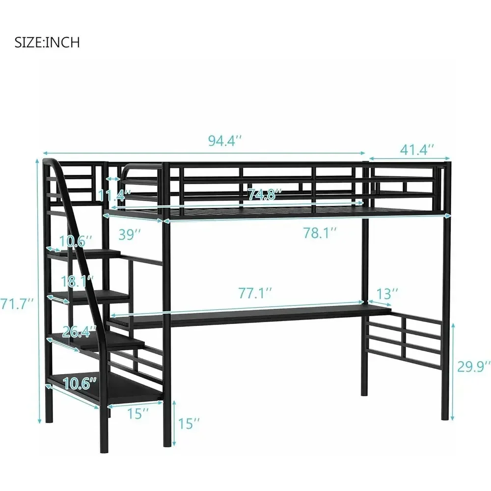 Black Twin Loft Bed with Desk and Staircase, No Box Spring Required