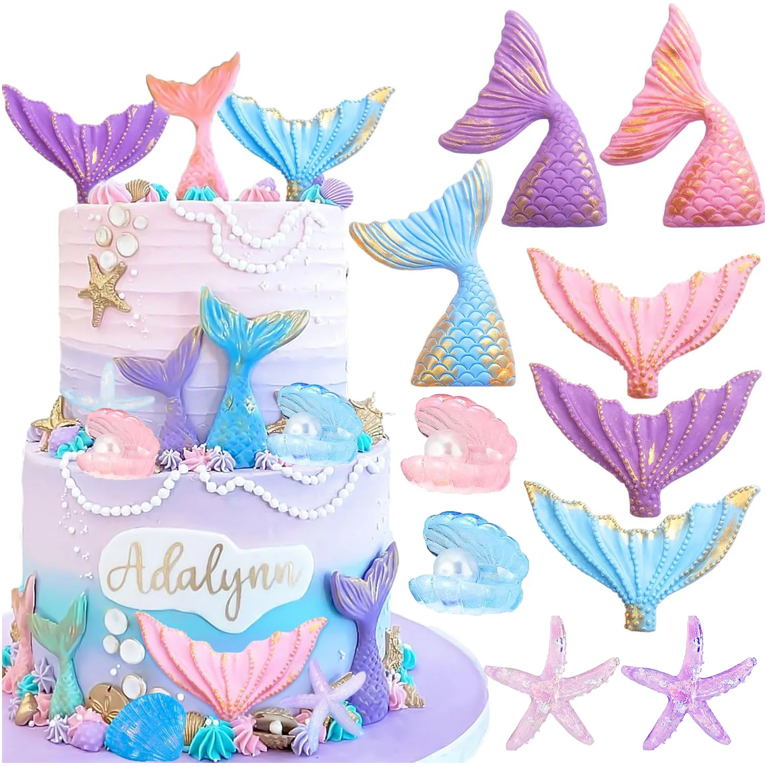 Mermaid Tail Cake Toppers Under the Sea Cake Decoration Seashell Sea Star Cake Topper for Birthday Baby Shower Wedding Cake Deco