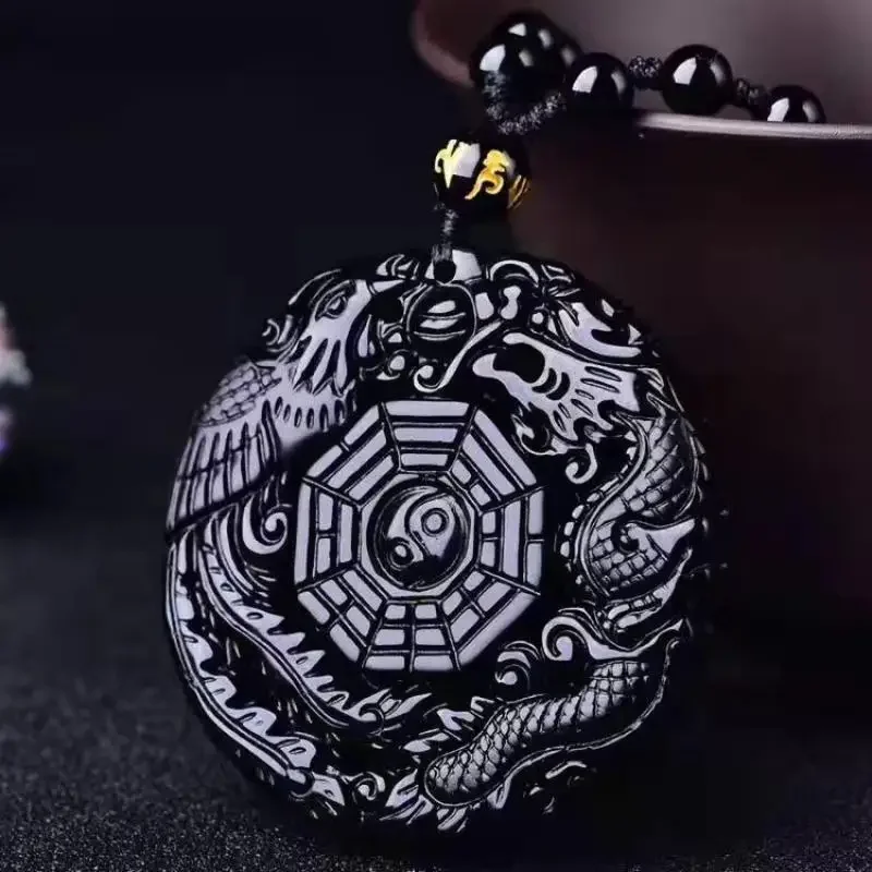 Obsidian Gossip Pendant Necklace Carving Dragon and Phoenix Shape Lucky Amulet Jewelry Six-Character Mantra Pearl Jewelry