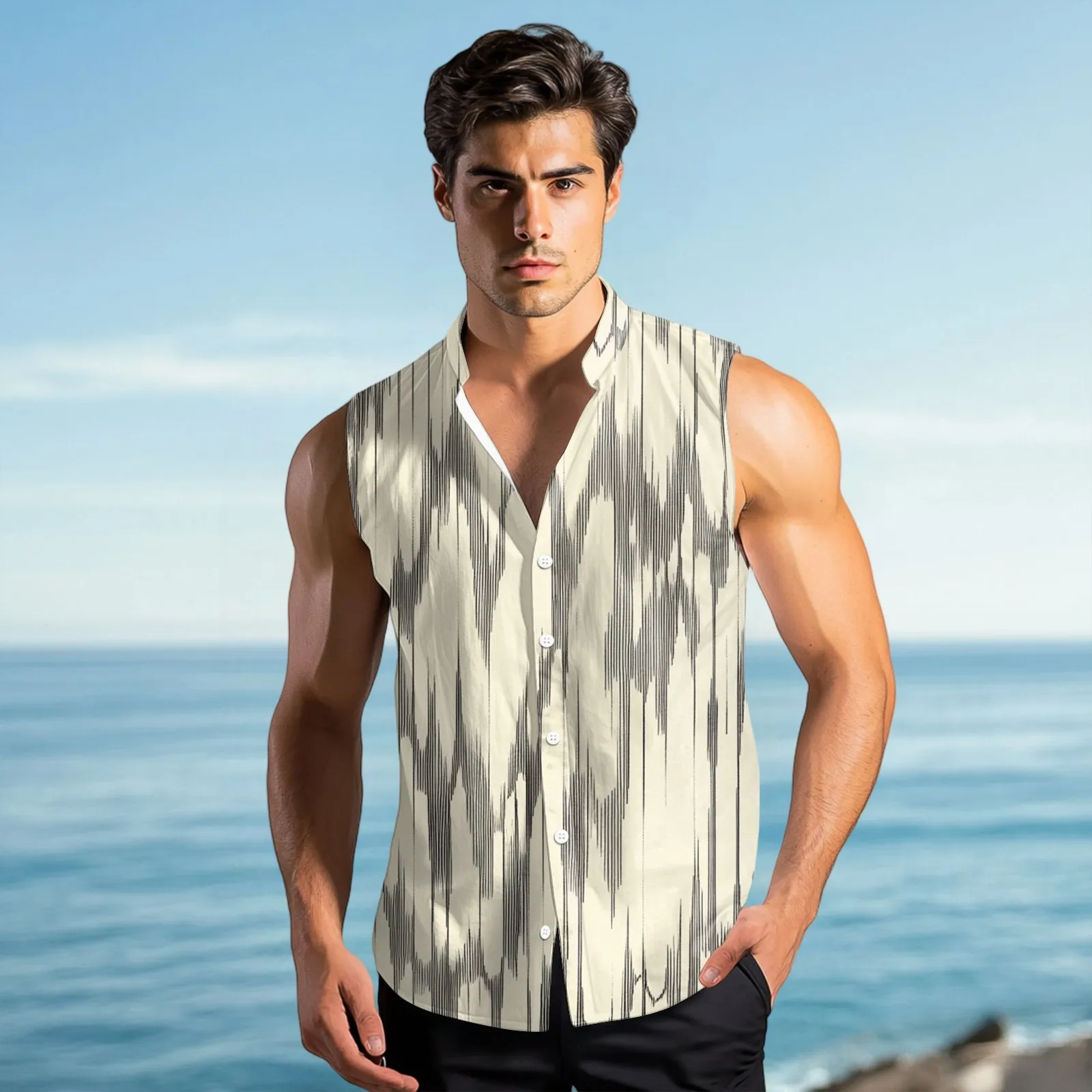 

Summer T Shirt Man Printed Men Fashion Printed Sleeveless Lapel Button-Down Shirt Vest Top Single Breasted Casual Shirts For Man