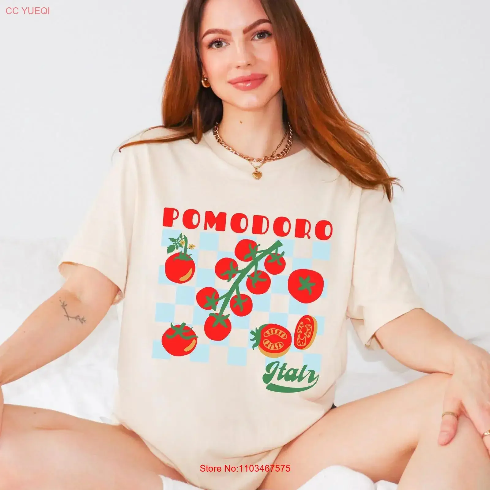 Футболка Pomodoro Italy с принтом «Томатная девушка», летняя, в стиле ретро, с изображением итальянского рынка Il Mercato, овощной тематики, винтажная, с эффектом потертости