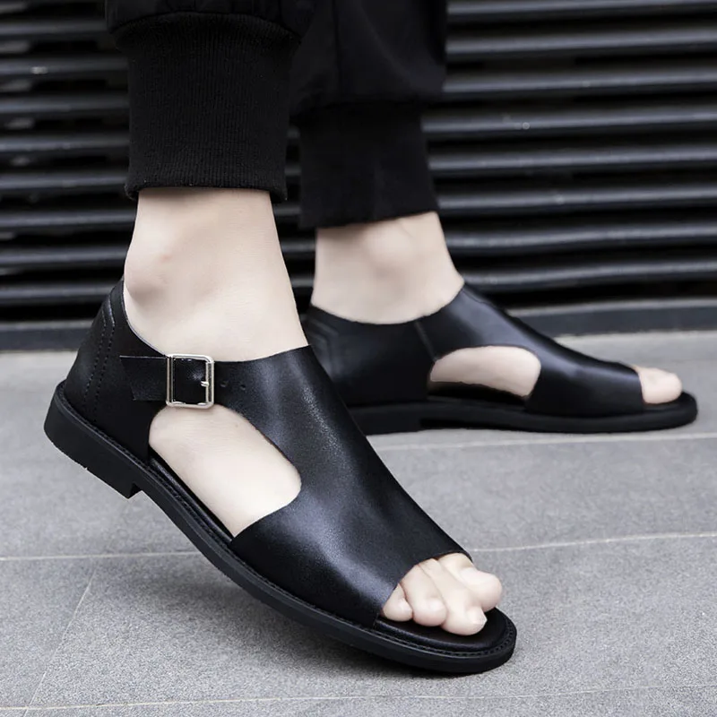 Summer Men\'s Sandals Non-Slip Man Casual Outdoor Sandals Genuine Leather Men Slip on Shoes Breathable Male Loafers Beach Flats