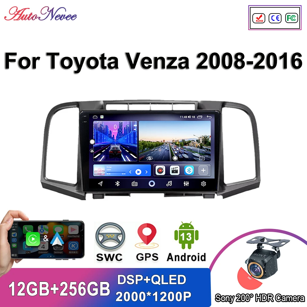 

Мультимедийный плеер на Android 13 для Toyota Venza 2008-2016, автомобильное радио, стерео, головное устройство, проигрыватель с GPS-Навигатором, экран без DVD, 2Din, стандартный DVD, Wi-Fi, BT