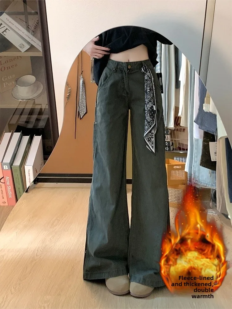 

American Style High Waist Fleece Lined Thick Straight Leg Jeans Women's plus Size Autumn Winter New Style Casual Wear