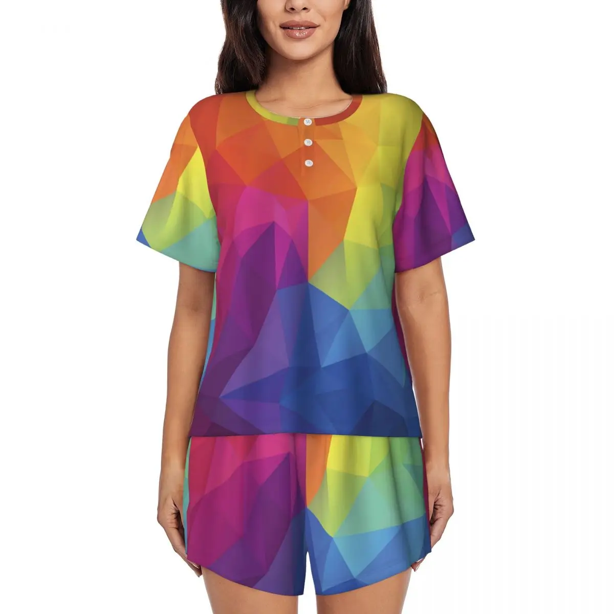Abstract Rainbow Pajamas Summer Two Piece Colorful Geometry Retro Pajamas Set Female Short Sleeve O Neck Leisure Print Sleepwear