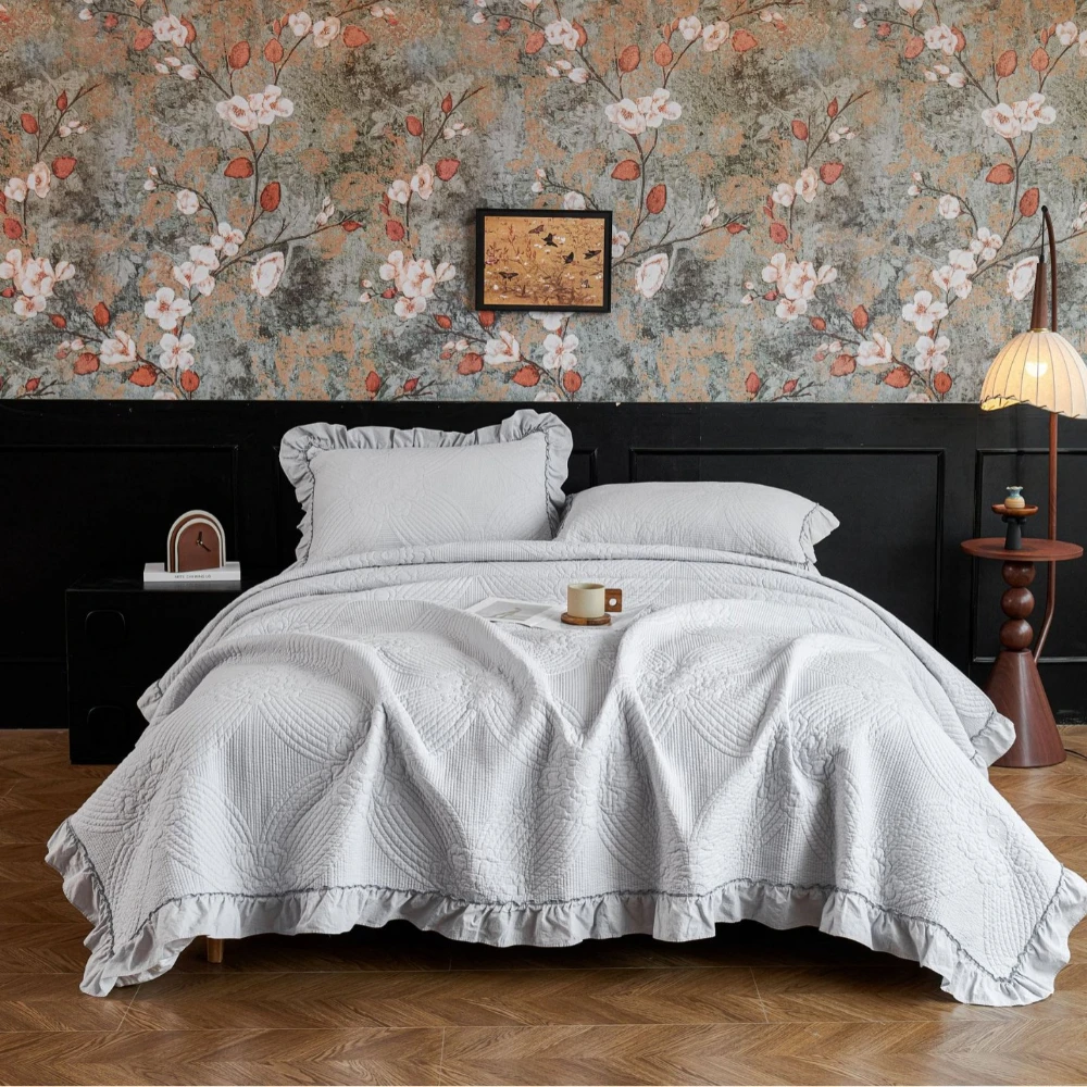 Fotografia 7: Conjunto de colcha bordada de luxo, 3 peças, 100% algodão, decoração com babados, verão, leve, edredom e cobertor, cobertor elegante para cama