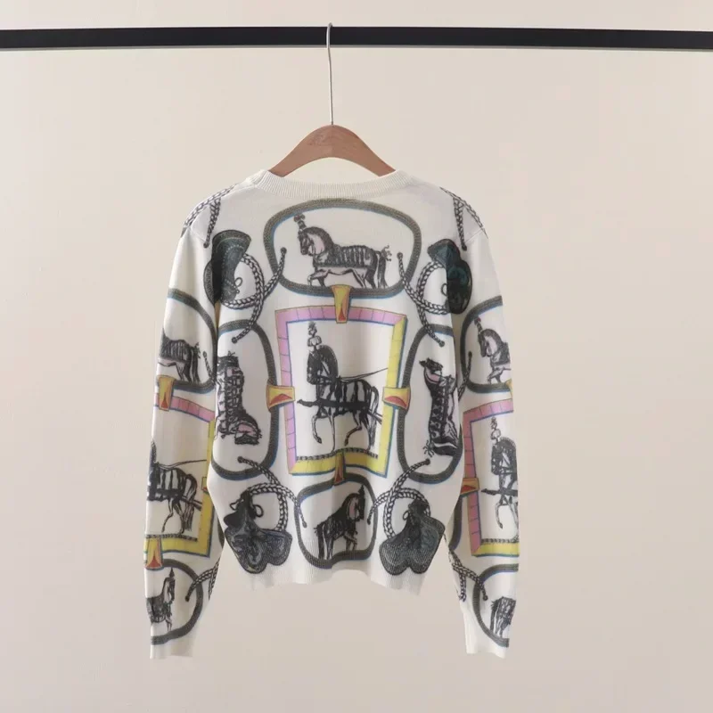 Horse Print Women's Sweater Pullovers Wool Knit Y2k Tops Brand Design Jumper Jersey Korea Fashion female clothes Autumn Winter