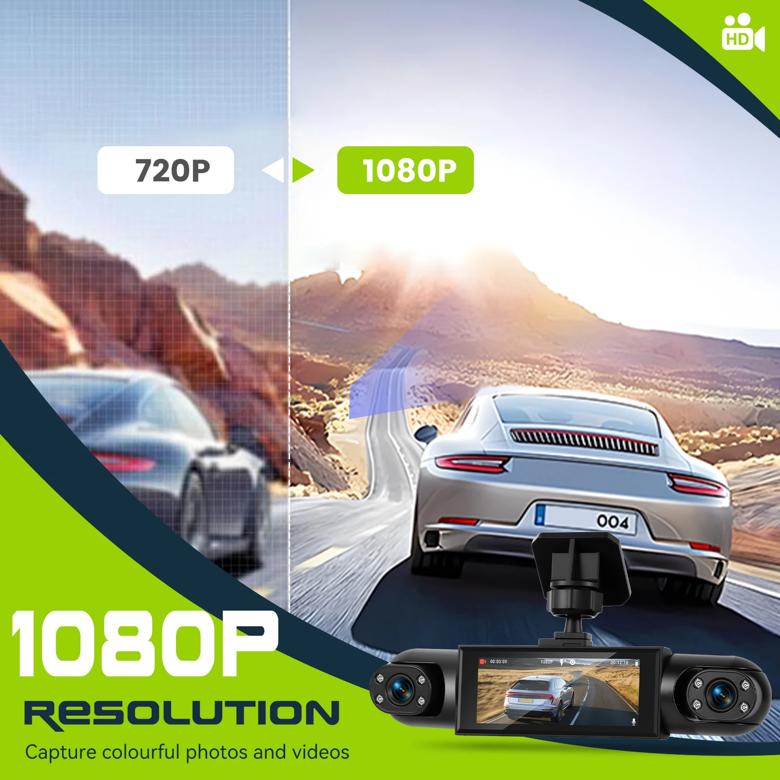 Podofo 3,16 Zoll Auto-Dashcam 1080P Auto-Blackbox Dashcam mit Vier HD-Kameras Einschließlich 480P Linke Innenkamera, Rechte Innenkamera und Rückkamera – Detail 7