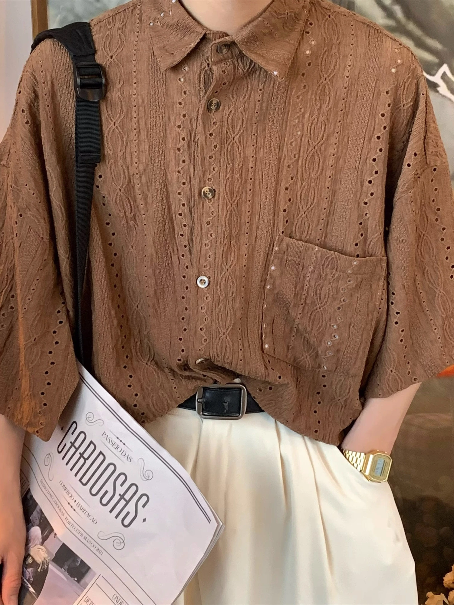 

Retro Japanese Style Men's Short Sleeve Shirt Hollow out Casual Loose Fit Summer Fashionable Half Sleeve Button down