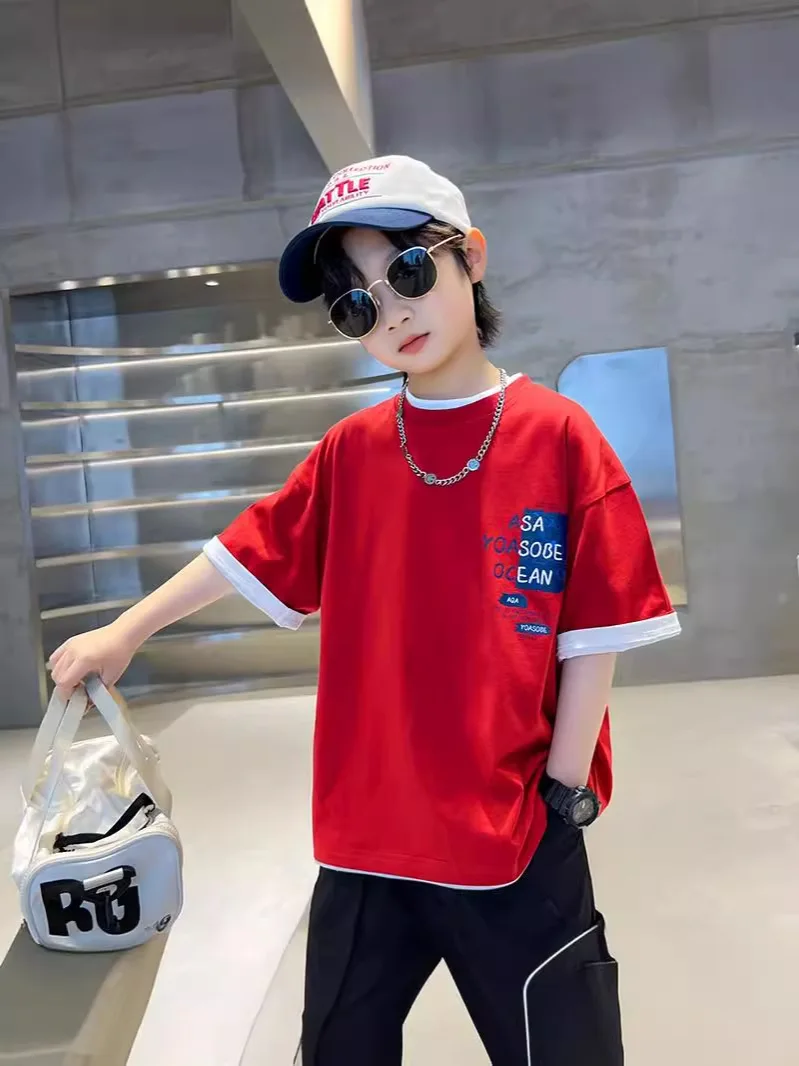 Boys T-Shirt Short-Sleeved New Summer Elementary School Students Fried Street Cotton Half-Sleeved Tops Summer Boys Tide T