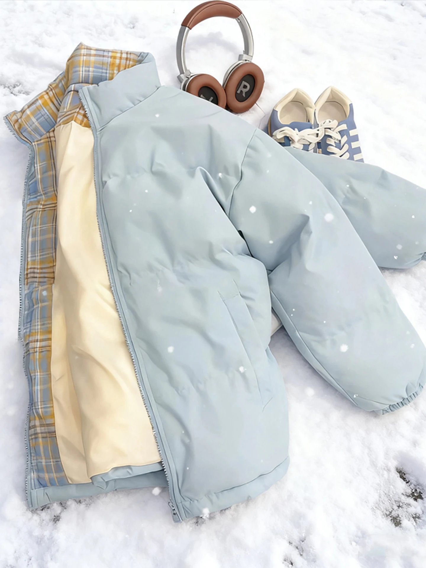 

Thiened Plaid Splicing Men's Cotton Jaet Stand Collar Winter Warm Outerwear Casual Sle Bread Coat Trendy Brand High-End...