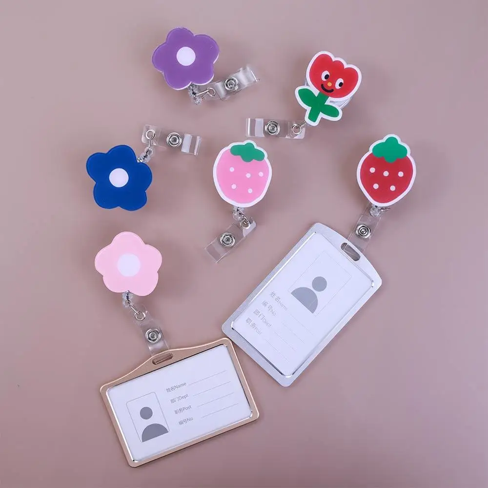 Cute Korea Flowers Cartoon Acrylic Student Reel Clip Retractable Badge Reel Badge Holder ID Card Clips Name Card Holder