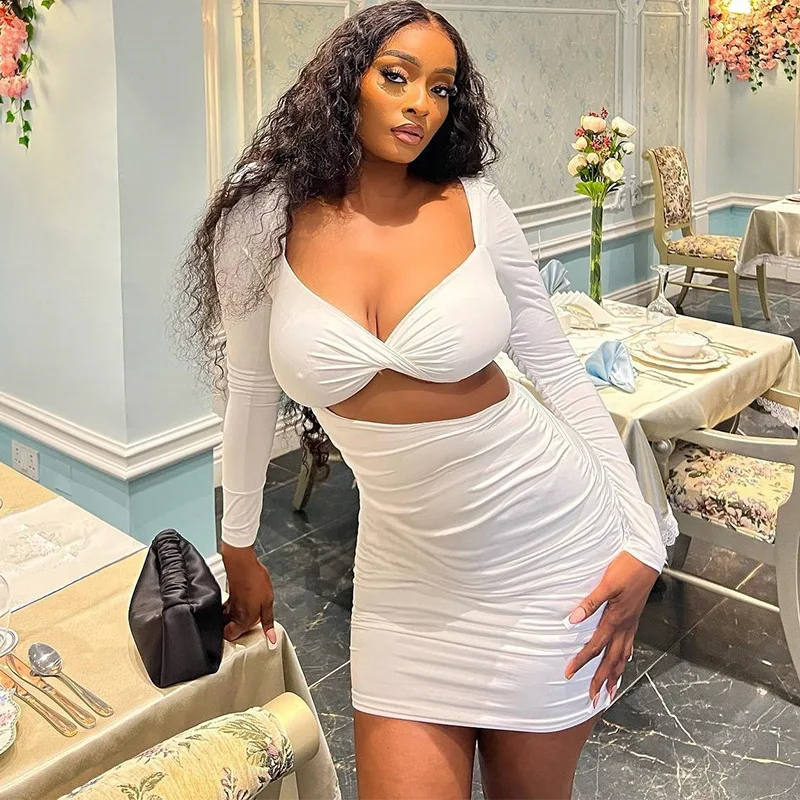 Élégant dame évider robe drapée 2025 automne femmes à manches longues dos nu moulante Sexy Club fête noir blanc Mini robes