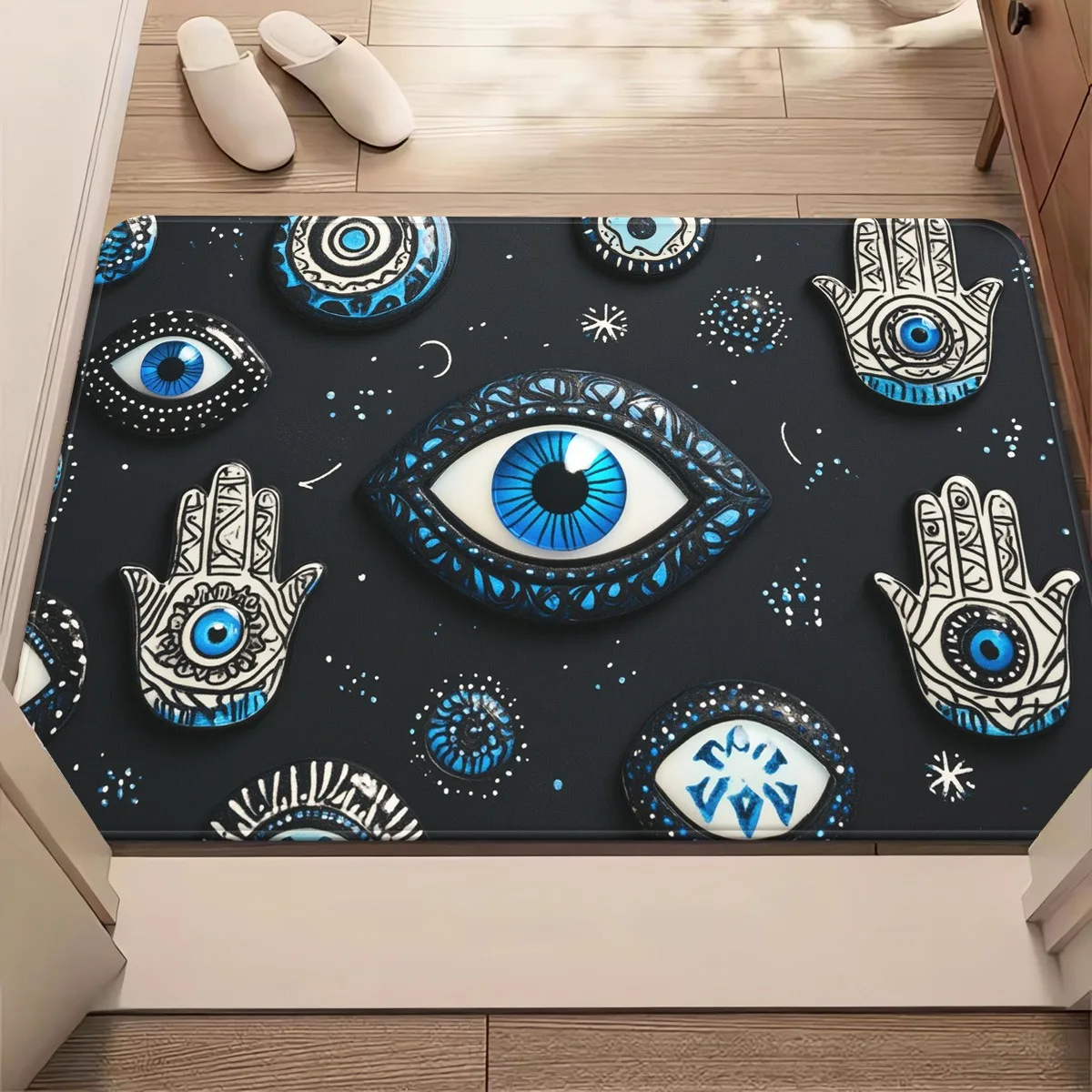 Decorative Hamsa & Nazar Eye Doormat – Blue & White Symbolic Pattern on Black, 40x60cm Entry Floor Mat