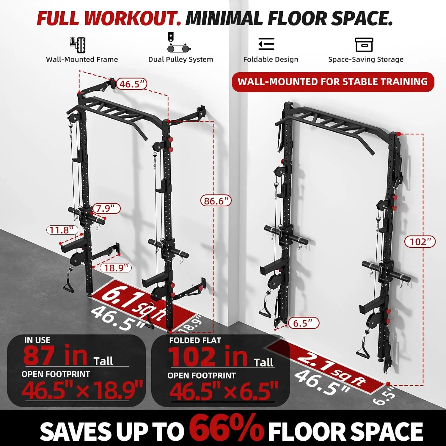 Foldable Wall Mounted Squat Rack and Power Cage with Cable Crossover System
