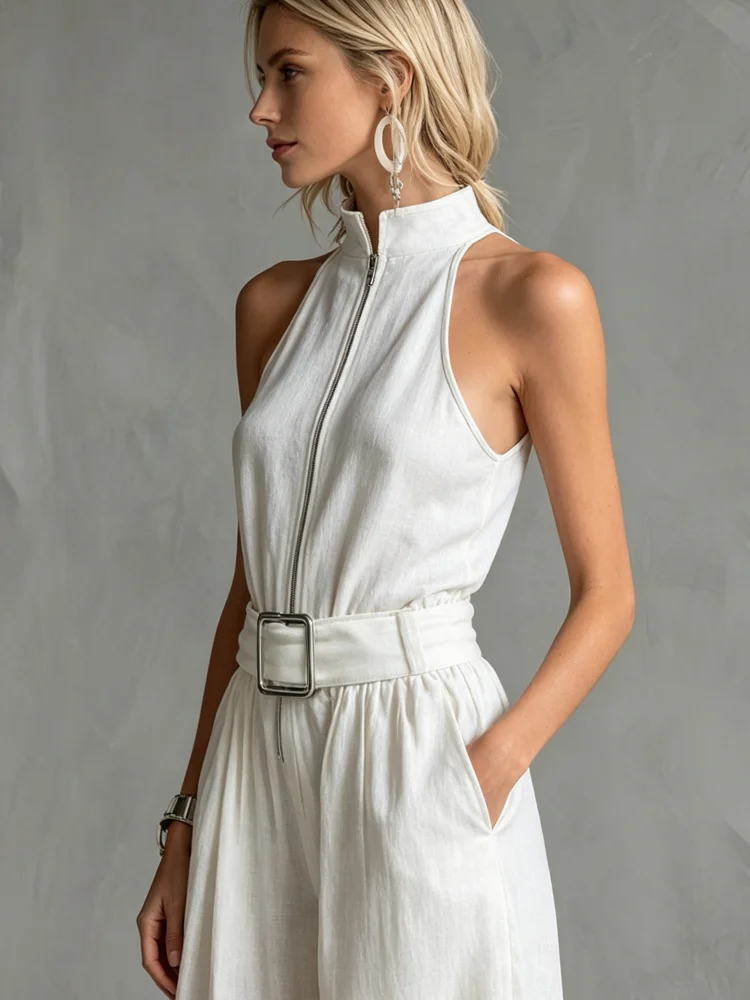 Ärmelloser Damen-Jumpsuit mit Reißverschluss am Bund, Hochgeschnittene Weite Hose, Geeignet für Urlaub und Freizeit – Detail 5