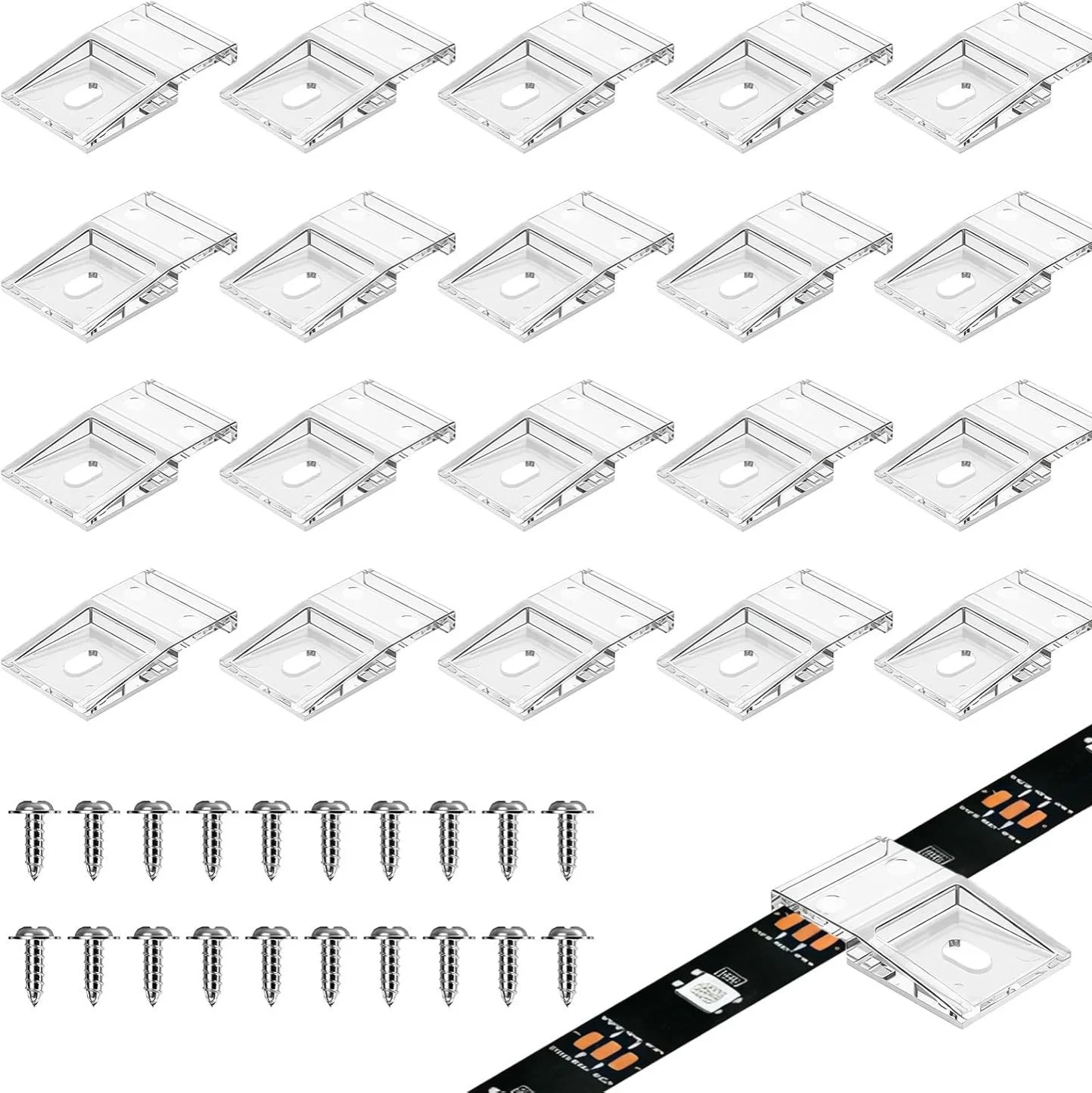 Pack of 20 Transparent Light Strip Clips with Self-Adhesive and Screw Mounting, LED Strip Mounting Clips, LED Strip Holder