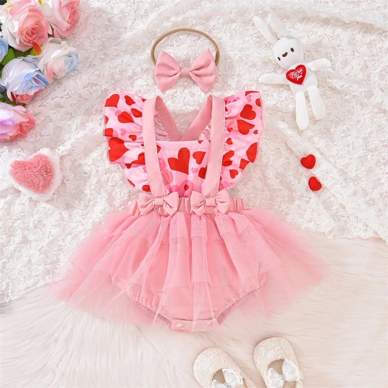 Tregren Newborn Baby Girl Valentine’s Day Outfits Ruffle Sleeveless Heart Print Romper Dress with Headband Set Spring Clothes