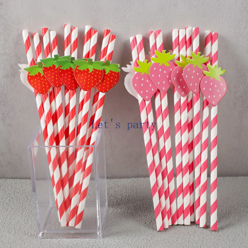 30Pcs Sweet Fruit Strawberry Theme Disposable Paper Straws Bar Drinking Straw for Kids Birthday Baby Shower Party Decoration