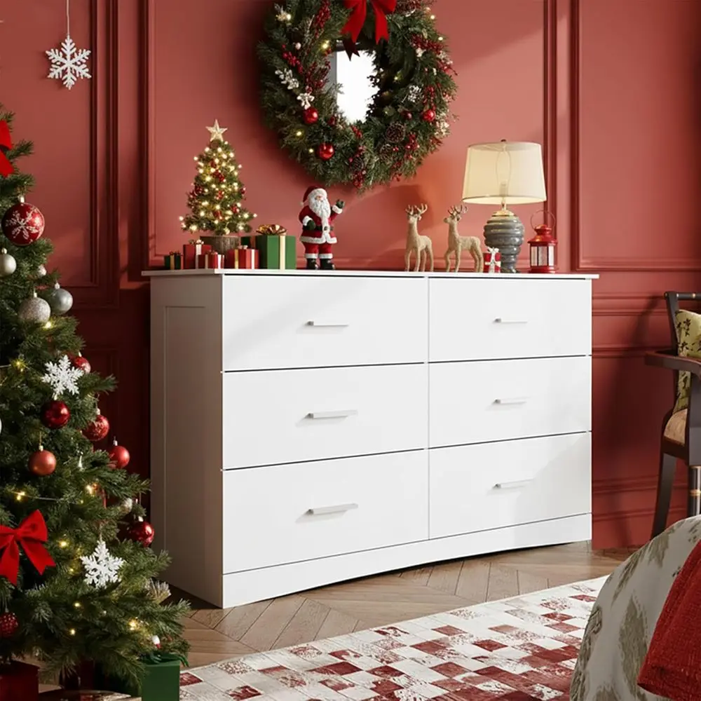 DAFIFY Baú de madeira largo com 6 gavetas para quarto, grande unidade de torre de armazenamento branca, organizador de armário moderno e minimalista para sala de estar