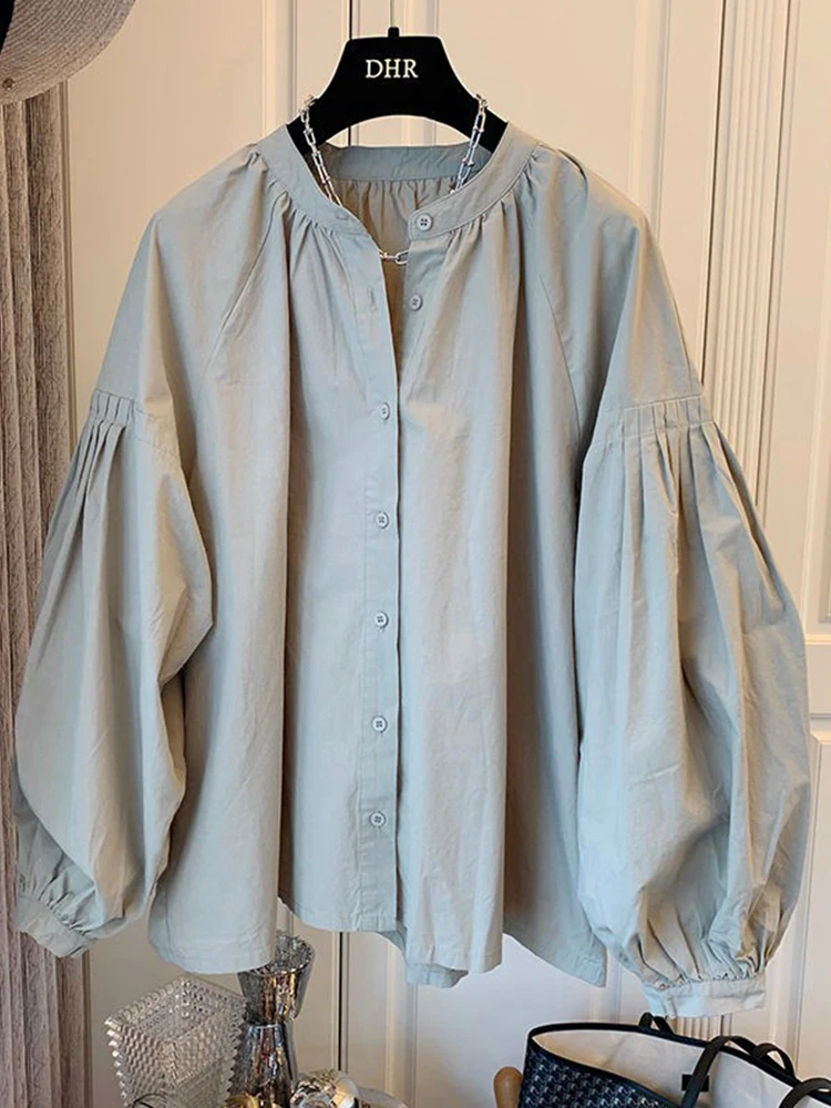 Retro Pleated Bubble Sleeve Loose Shirt Spring Autumn Women's Style Casual Fashionable Doll Top round Neck Long Sleeve