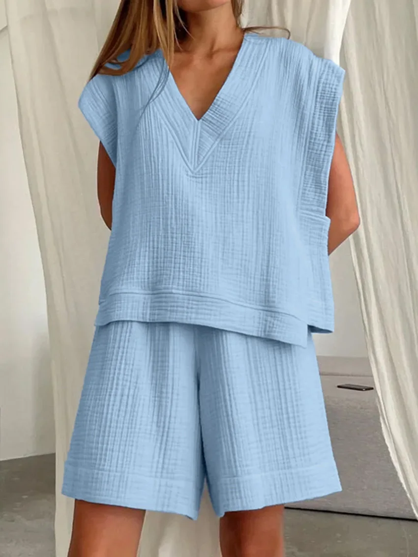 

Marthaqiqi Cotton Women Nightgown Suit Short Sleeve Pajama Sexy V-Neck Nightwear Shorts Casual Ladies Sleepwear 2 Piece Set Blue