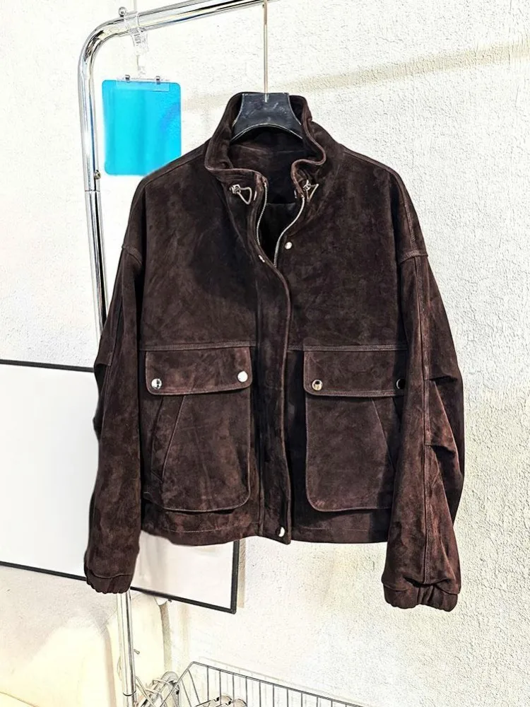 Weibliche Zipper Herbst Winter Kurzen Mantel Vintage Echtem Wildleder Jacke Slim Fit Mode Frauen Elegante Stehkragen Lose Tasche