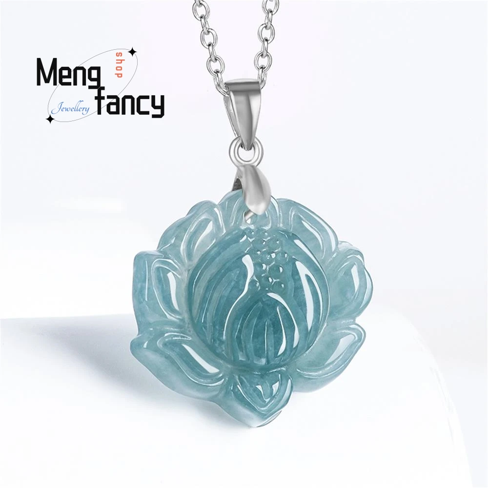 Natural A-goods Jadeite Blue Water Lotus S925 Silver Ice Lotus Jade Pendant Exquisite Elegant High-grade Fashion Luxury Jewelry